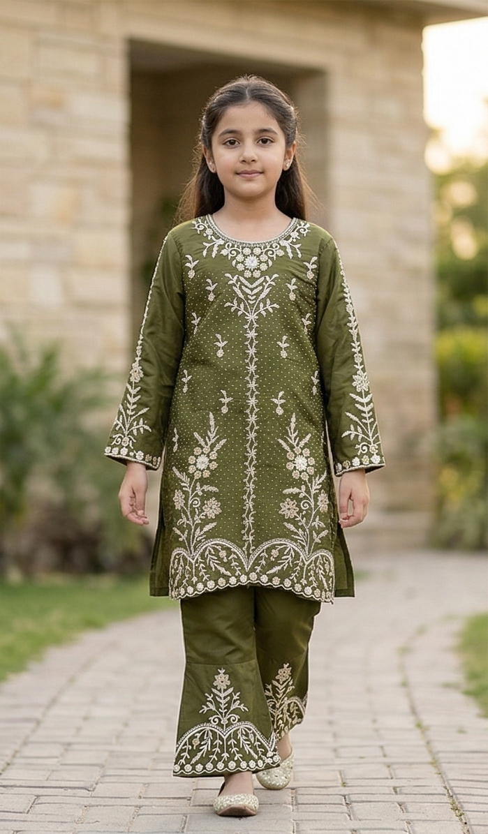 Noor Embroidered Suit – Olive Green