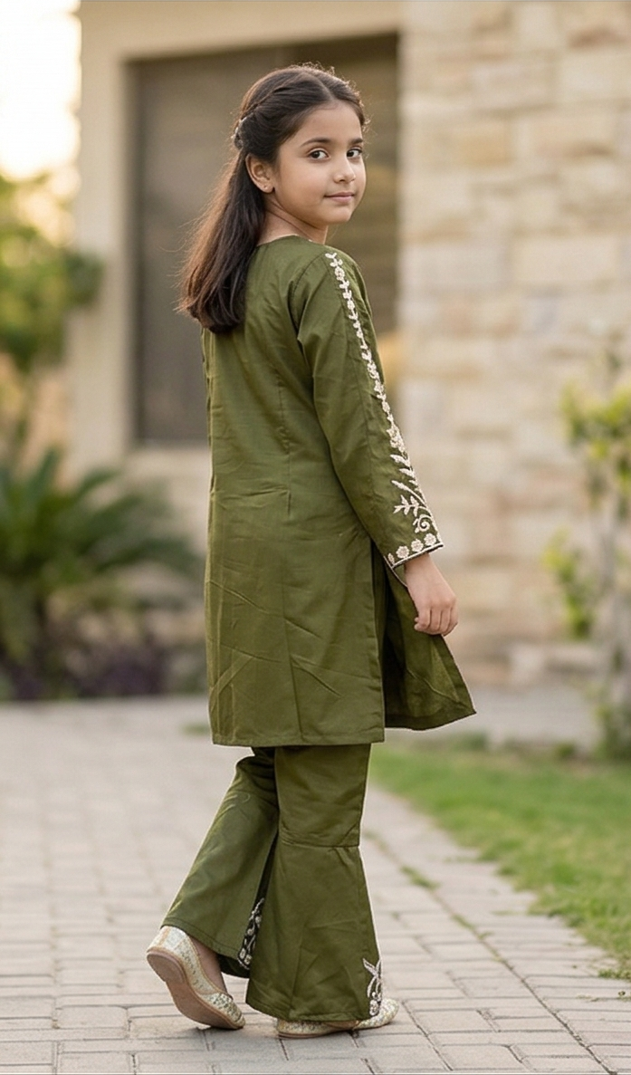 Noor Embroidered Suit – Olive Green