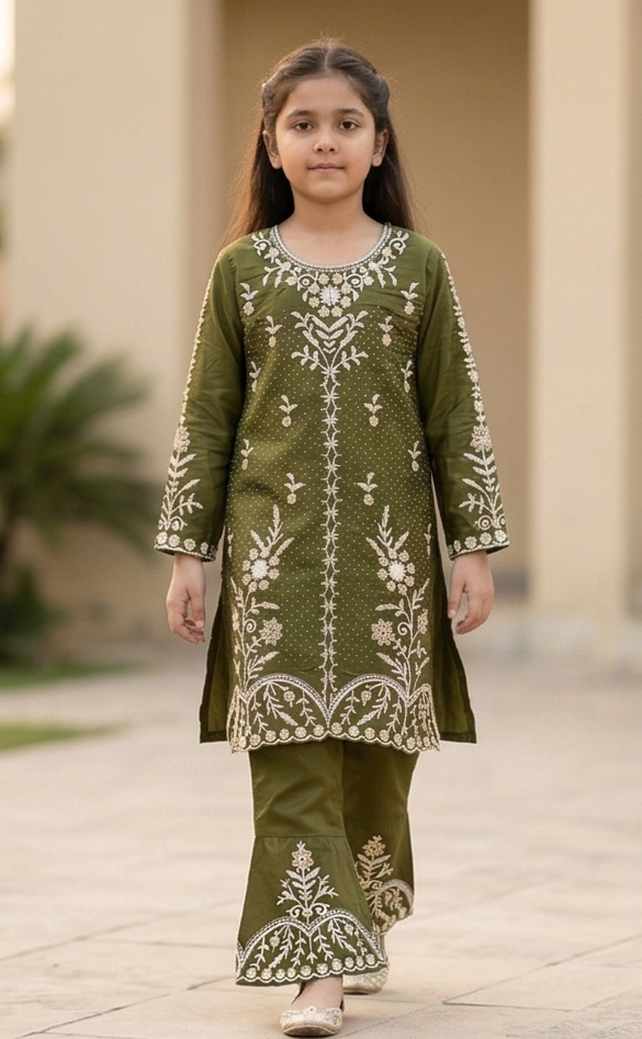 Noor Embroidered Suit – Olive Green