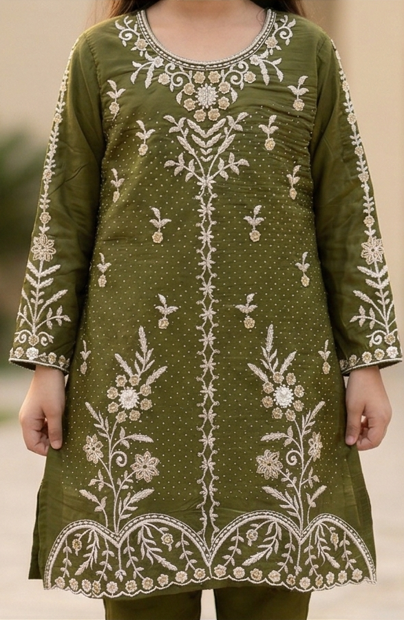 Noor Embroidered Suit – Olive Green