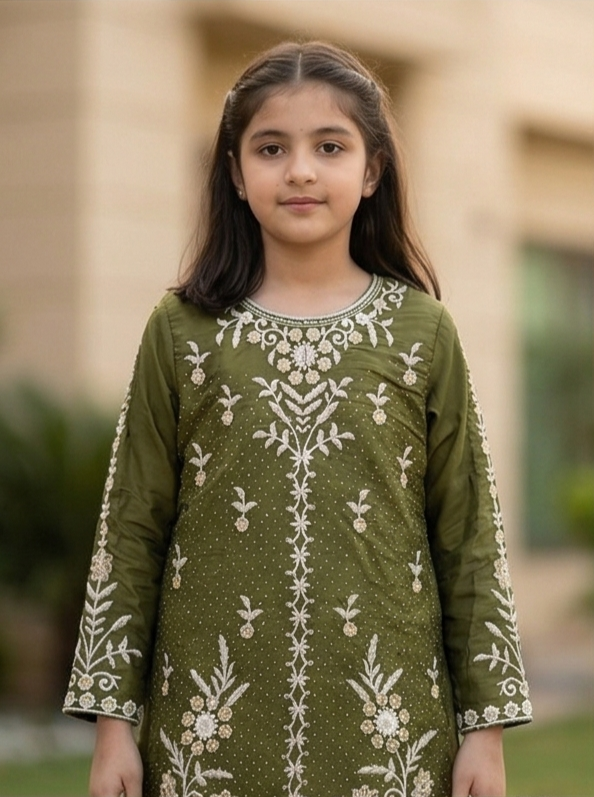 Noor Embroidered Suit – Olive Green