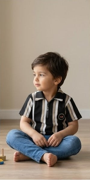 Monarch Knit Polo Set – Black Sand Stripe